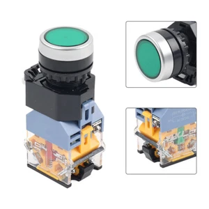 Interruptor de botón momentáneo de cabeza plana de 22 mm DC 24V 10A con botón verde claro - Imagen 1 de 11