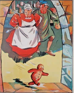 Gingerbread Man Running Children Fairytale Print Colorful Vtg Book Plate 1930s - Picture 1 of 3