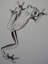 Original small black amphibian pen & ink drawing of a frog