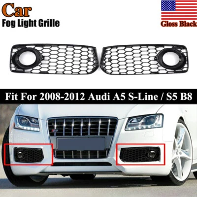 RS Style Glossy Black Fog Light Grilles Mesh For 08-12 Audi A5 S-Line / S5 Coupe - Image 1 of 4
