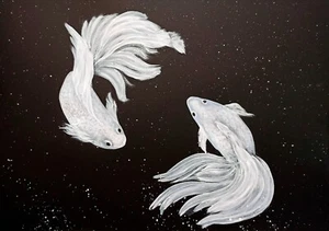 Fish Acrylic Painting Pisces Zodiac Art Black And White Astrology 12x16 Inches - Picture 1 of 5