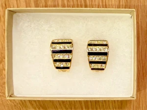 CHRISTIAN DIOR Earrings Vintage Crystal, Black Enamel & Gold Tone Metal Clip-Ons - Picture 1 of 13