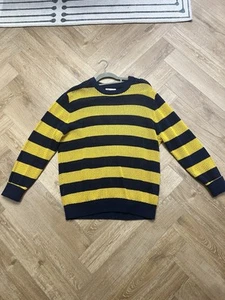 Zara Mens Navy & Yellow Striped Cotton Fisherman Crochet Jumper UK Large Cotton* - Picture 1 of 11
