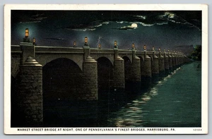 Postkarte PA Harrisburg Markt Straßenbrücke bei Nacht Vollmond um 1920 unbespielt - Bild 1 von 2