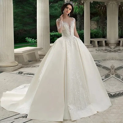 Elegant Satin Wedding Dresses With Bead Ball Gown O-Neck Full Sleeve Lace Up - Image 1 of 4