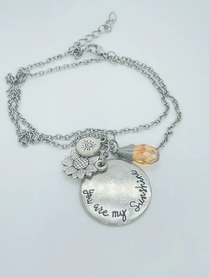 You Are My Sunshine Silver Multi Charm Necklace Sunflower & Crystal Pendant 22" - Image 1 of 4