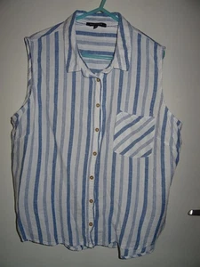 Peacocks Size 18/20 Blue/White Striped 55% Linen Sleeveless Summer Fun Top - Picture 1 of 3