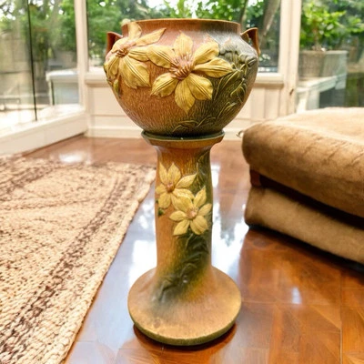 Rare Set! Hard To Find Roseville Pottery 667-8 Clematis Jardinière And Pedestal - Image 1 of 4
