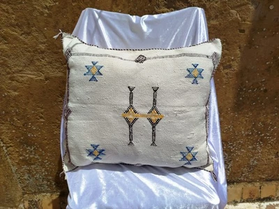 Moroccan Sabra Pillow – White Cactus Silk Cushion with Berber Embroidery –... - Image 1 of 4