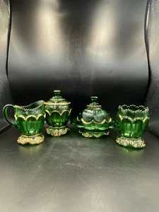 4pc Set Riverside Glass Empress Emerald Green Butter Cream Sugar Spooner ~GLOWS~ - Picture 1 of 24