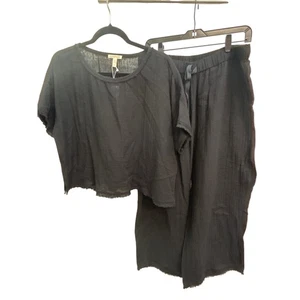 Eileen Fisher Medium schwarz Lounge Set Bio Baumwolle Gaze Box-Top weites Bein Hose - Bild 1 von 11