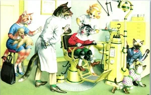 Postal de colección antropomórfica Alfred Mainzer gatos peluquería años 60 fantasía - Imagen 1 de 4