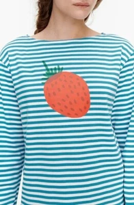 Rare Marimekko Mansikka (Strawberry) Blue & White Striped T-Shirt Top Small NWOT - Picture 1 of 8