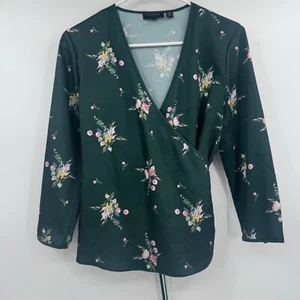 Ted Baker London Top Damen 2 grün Blumen Wickeloptik vorne zum Binden Langarm Büro - Bild 1 von 11