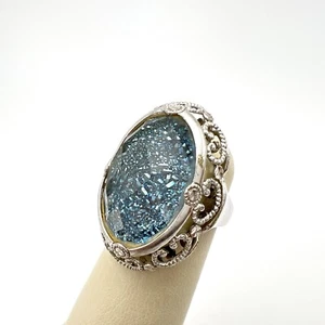 Sterling Silver Blue Crystal Quartz Druzy Swirl Coctail Ring Size 6 - Picture 1 of 9