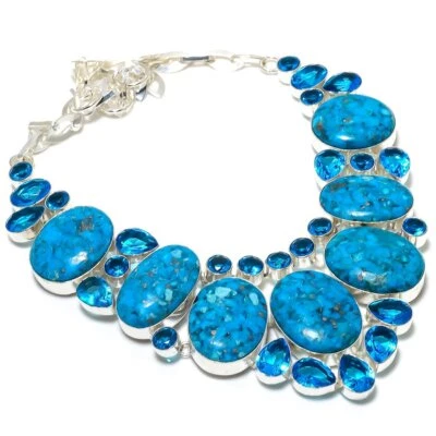 Collar de plata de ley 925 con piedras preciosas de topacio azul turquesa cobre 18" E154 Foto 1 de 4