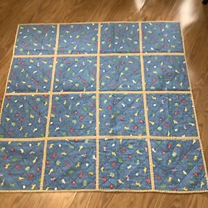 Vintage Baby Quilt Machine Pieced And Quilted 41”x 41” Blue , Yellow , Red