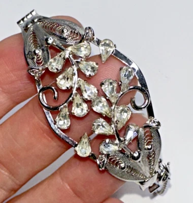 Sterling Silver Bangle Hinged Bracelet Rhinestone Filigree Ornate Safety Clasp - Image 1 of 4