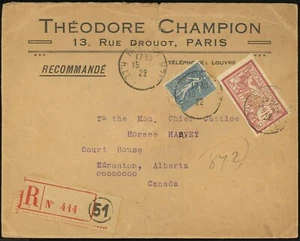 Francia París Cubierta Registrada a Edmonton Canadá vía St. Paul EE. UU. 1922 Europa - Imagen 1 de 2