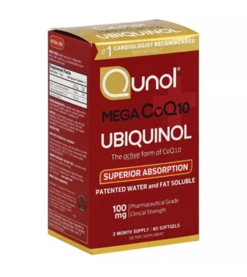 Paquete de 2 Qunol Mega Ubiquinol CoQ10 60 cápsulas blandas suplemento ultra para la salud del corazón 60 quilates Foto 1 de 4