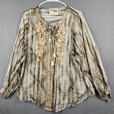 Savanna Jane Embroidered Floral Glitter Balloon Sleeve Tunic Blouse Top L Boho - Image 1 of 4