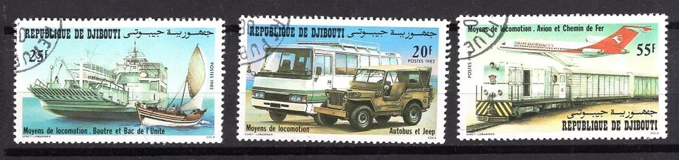 DJIBOUTI 1982 TRANSPORTS BATEAU AUTOBUS ET TRAIN YVERT N° 554-56 OBLITERE - Photo 1/1