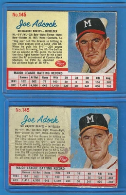 1962 POST BASEBALL # 145A JOE ADOCK(ERR) & 145B JOE ADCOCK(COR)-MILWAUKEE BRAVES - Image 1 of 2