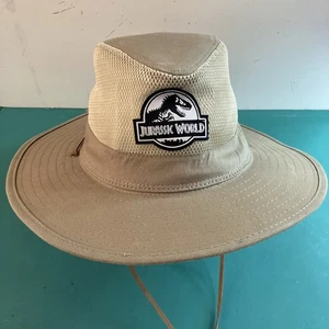 Jurassic World Dinosaur/T-Rex Logo Explorer Hat Large. Beige Vent Neck String VG - Picture 1 of 9
