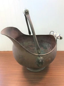 Vintage Large Copper Scuttle Bucket Bowl Planter Delft Ceramic Handles  - Picture 1 of 12