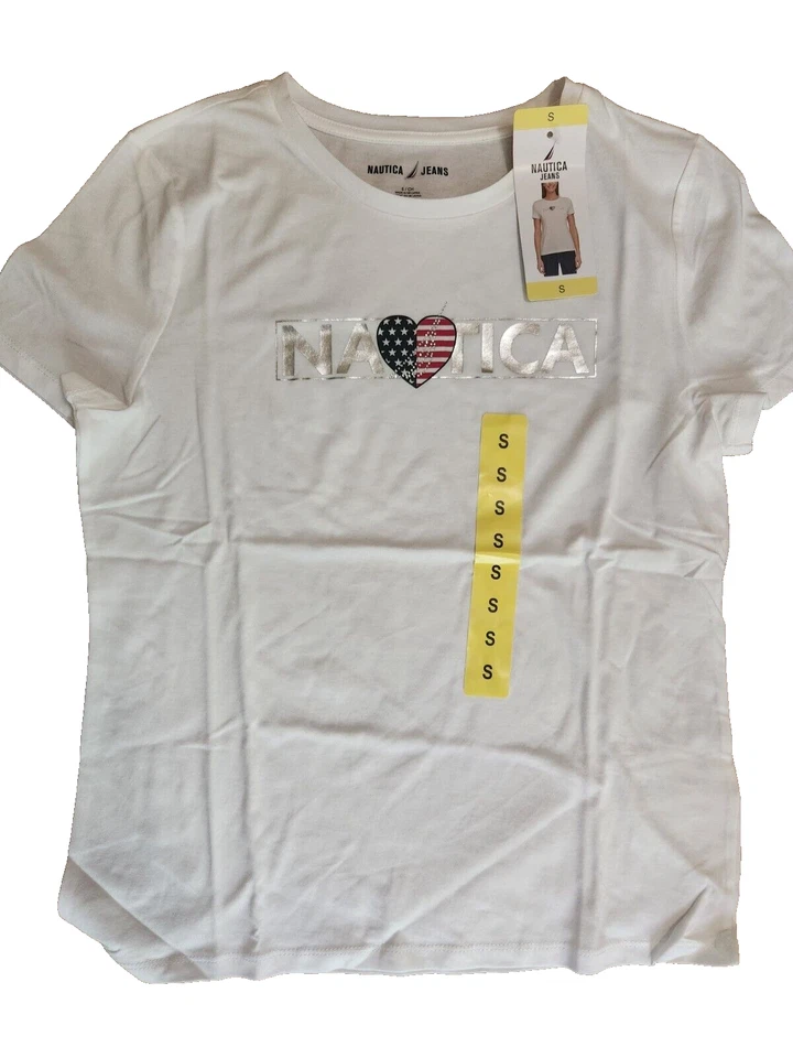 Camiseta para mujer Nautica pequeña blanca manga corta top brillante nueva Foto 1 de 4