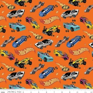 Hot Wheels Made to Race Car Race Orange Cotton Fabric - Picture 1 of 2