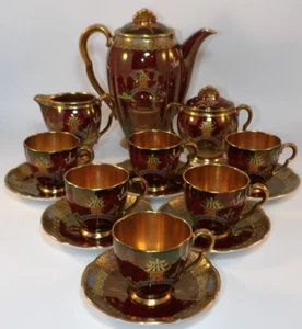 Carlton Ware Rouge Royale 15 Piece Oriental Pagoda Gilded Coffee Set c1950s VGC - Picture 1 of 24
