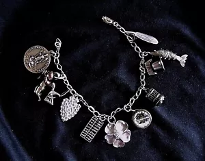 Vintage Charm Bracelet Sterling Silver 11 Old Sterling Charms NYE Cherub Fish - Picture 1 of 12