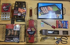 BBQ Barbecue Grill Grilling Baskets Tray Tongs 9 Piece Set Accessories - Picture 1 of 5