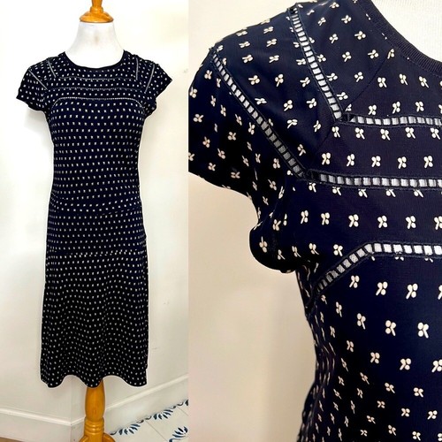 Abito Tory Burch blu navy manica corta in rayon con piccolo motivo bianco taglia S