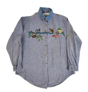 Casey & Max Vntg Floral Embroidered Denim Shirt Kitty Cats Large 90s #1453 - Bild 1 von 13