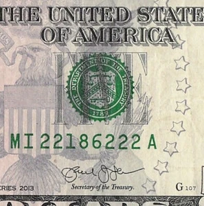 Five of a Kind 2s Fancy Serial Number Five Dollar Bill MI22186222A Triple Double - Picture 1 of 11