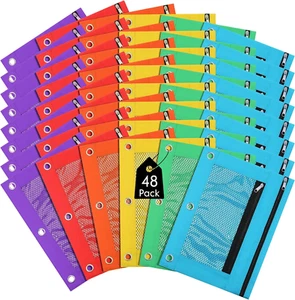 48 Pack Pencil Pouch for 3 Ring Binder Mesh Zipper Pencil Case Bags Assorted Col - Picture 1 of 6