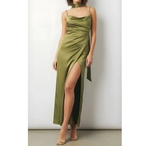 $248 NWT BHLDN Delaney Scoop-Neck Scarf Satin Maxi Dress, Olive Green, XS - Picture 1 of 11