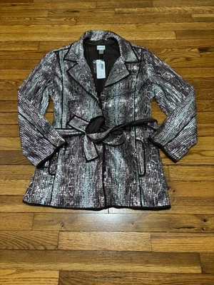 Chico's Women's Sequin Jacket Size 3 (US 16) Silver Belted Snap Lined NWT $149 - Image 1 of 4
