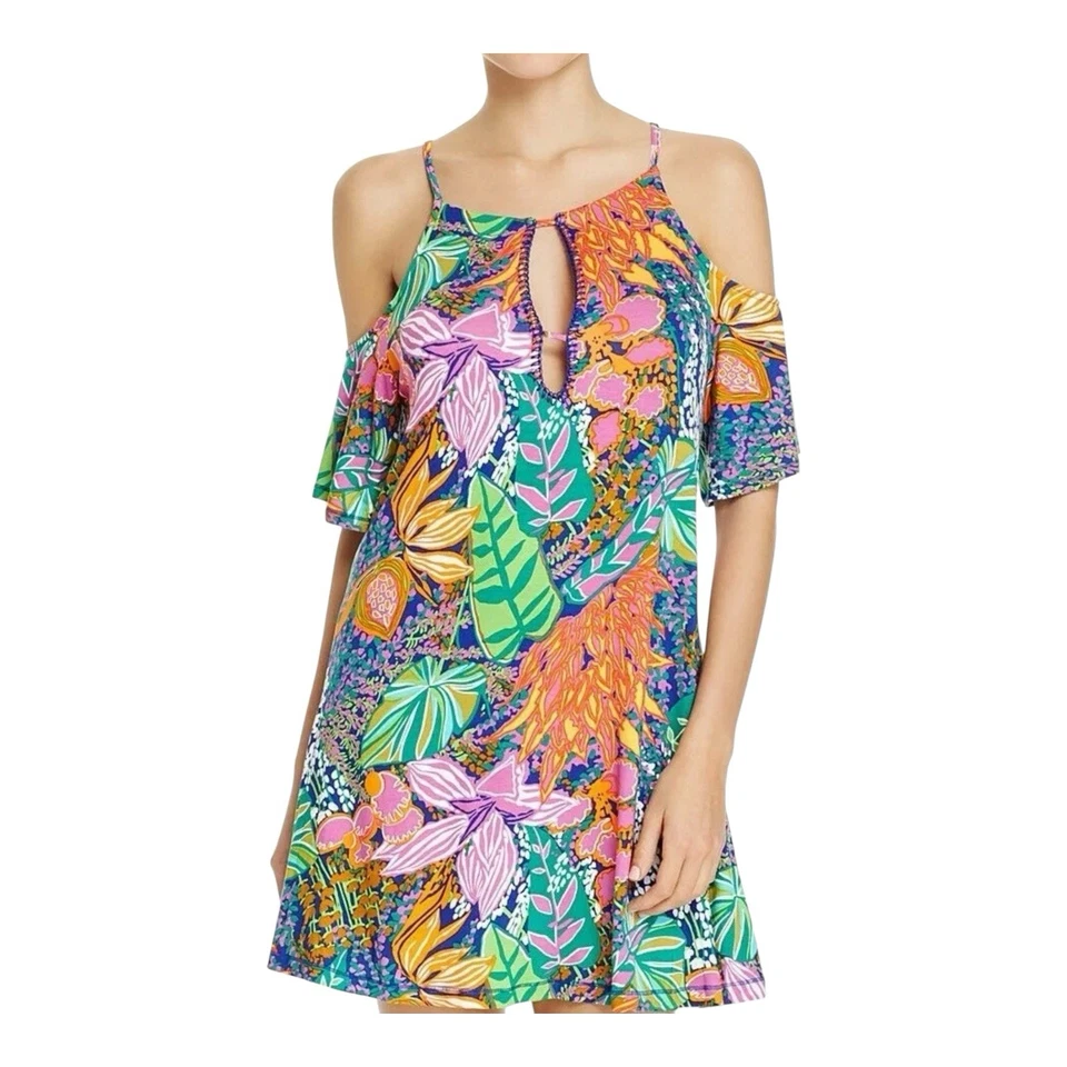 Vestido túnica Trina Turk Tropic Escape estampado hombro frío elástico cubierta talla XS Foto 1 de 4