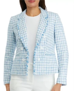 The Limited Tweed Faux Double Breasted Jacket With Fringe Sz XL Blue & White  - Picture 1 of 9