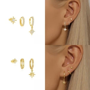 stack earrings dangle hoop huggie stud 3pc set cubic zirconia star dainty gift - Picture 1 of 7