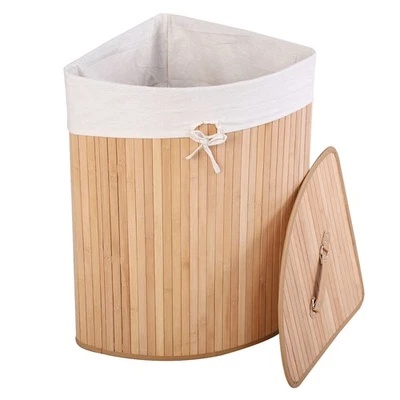 Costway Corner Bamboo Hamper Laundry Basket Washing Cloth Bin Bag Lid Natural - Image 1 of 4