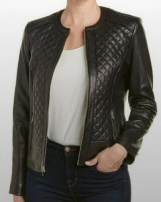 Chaqueta acolchada Cole Haan negra de cuero genuino para moto talla XS/TP, envío gratuito  Foto 1 de 4