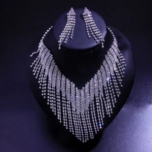 Wedding Bridal Party Jewelry set Crystal Choker Rhinestone Necklace Earrings Set - Picture 1 of 5