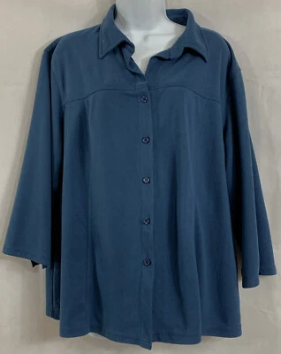 Kathy Ireland Plus Sz 1X Blue Faux Suede Button Down Blouse Long Sleeve Collared - Image 1 of 4