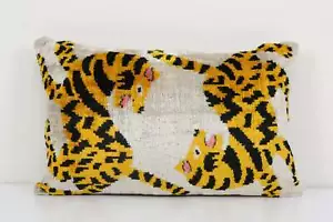 Tiger Ikat Velvet Pillow, Silk Lumbar Cushion Cover, Yellow Animal Lumbar Pillow - Picture 1 of 5