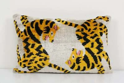Tiger Ikat Velvet Pillow, Silk Lumbar Cushion Cover, Yellow Animal Lumbar Pillow - Image 1 of 4