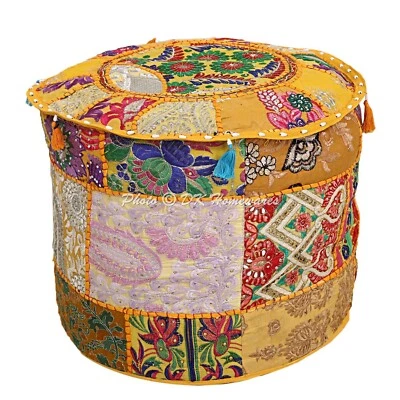 Cotton Bohemian Patchwork Poufs Yellow Foot Stool 18 in Embroidered Ottoman - Image 1 of 4